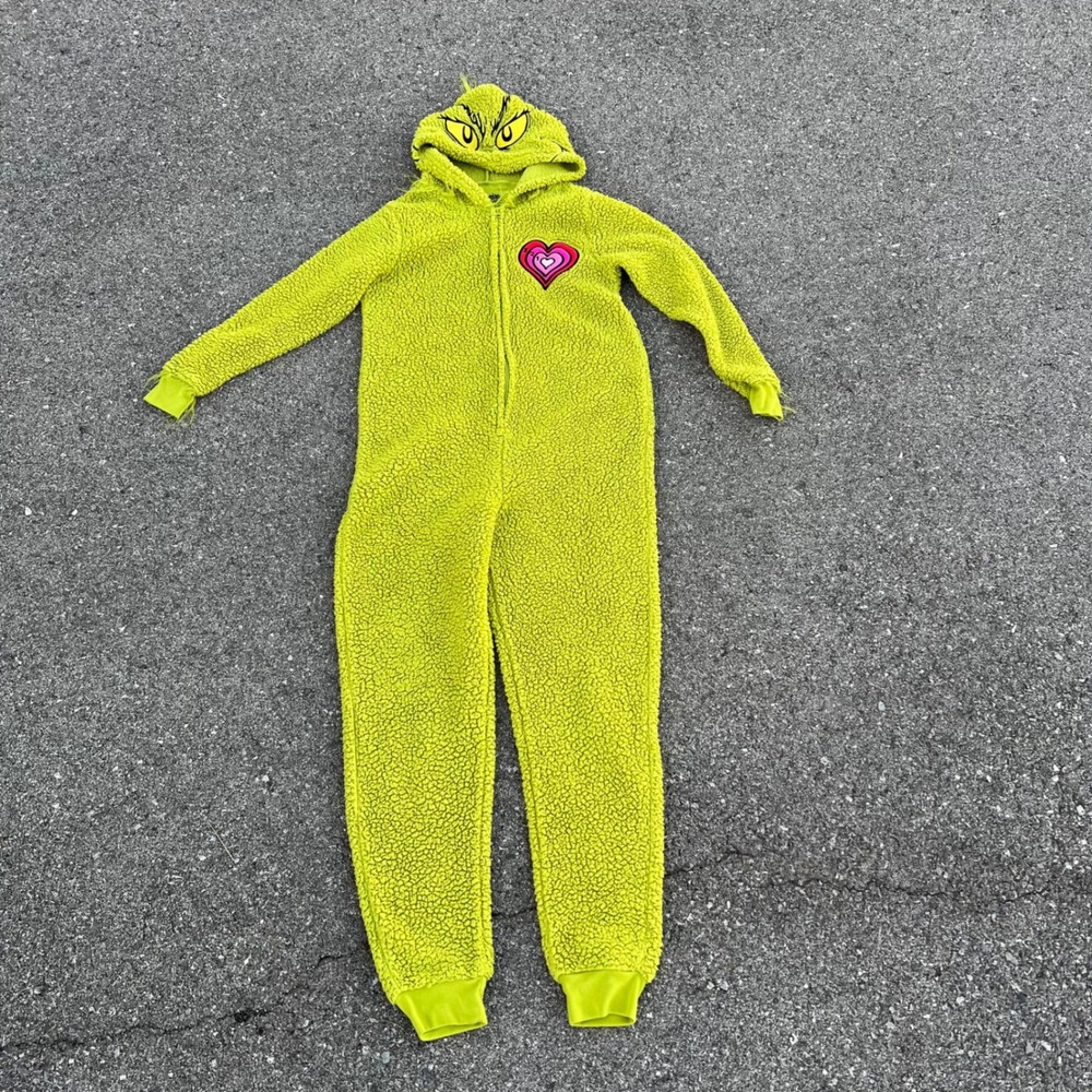 Dr Seuss The Grinch Lime Green Sherpa Fleece Hooded Union Suit Small
